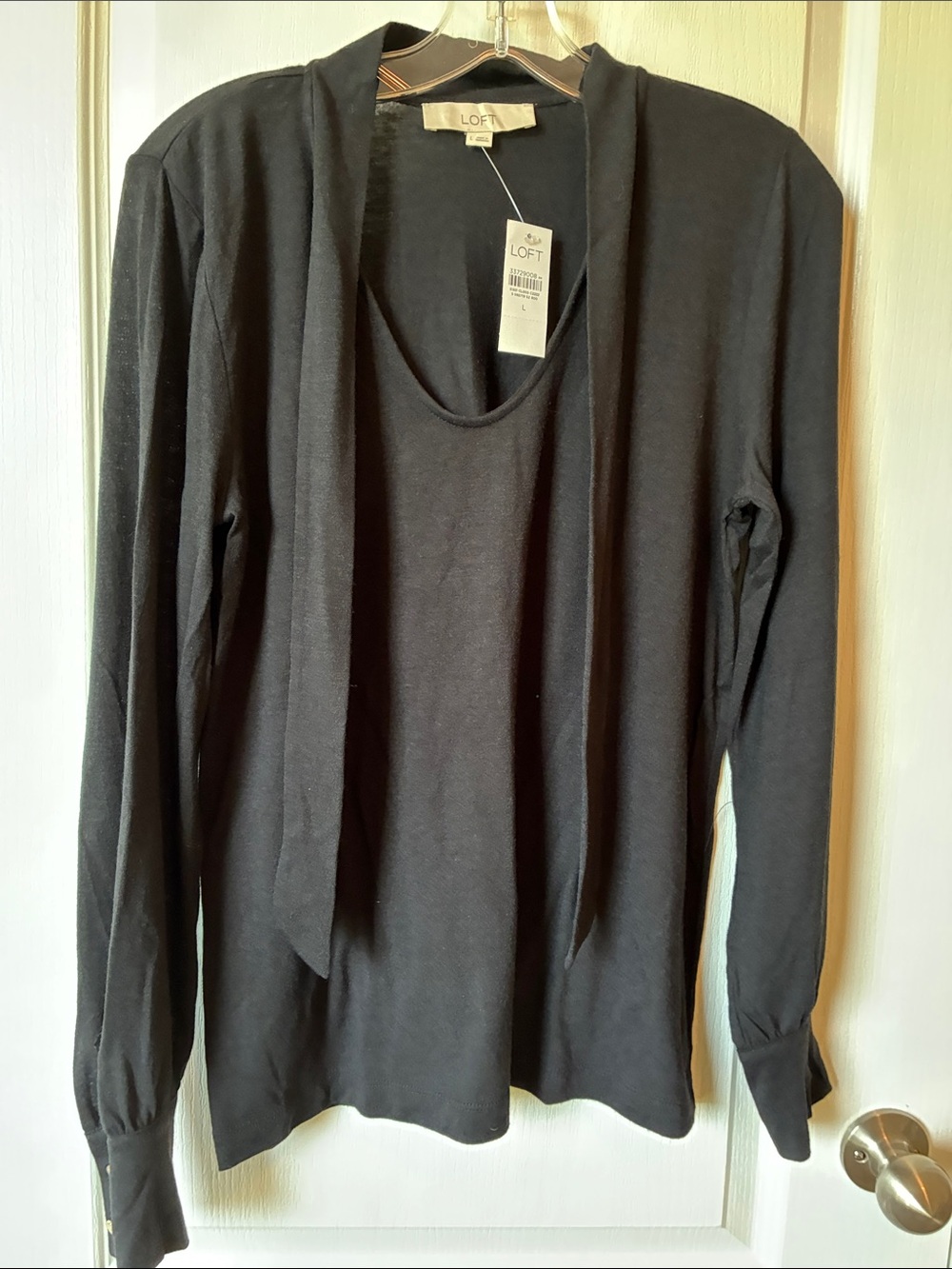 LOFT Black V-Neck Sweater with Tie Detail